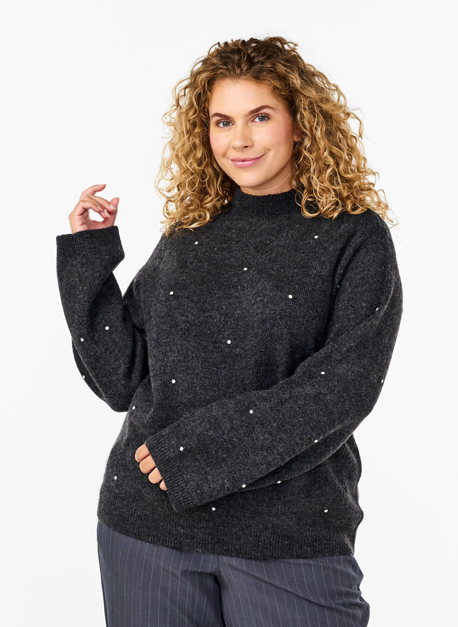 Zizzi Strikbluse med rhinsten og h&oslash;j hals, Dark Grey Melange, Model image number 0