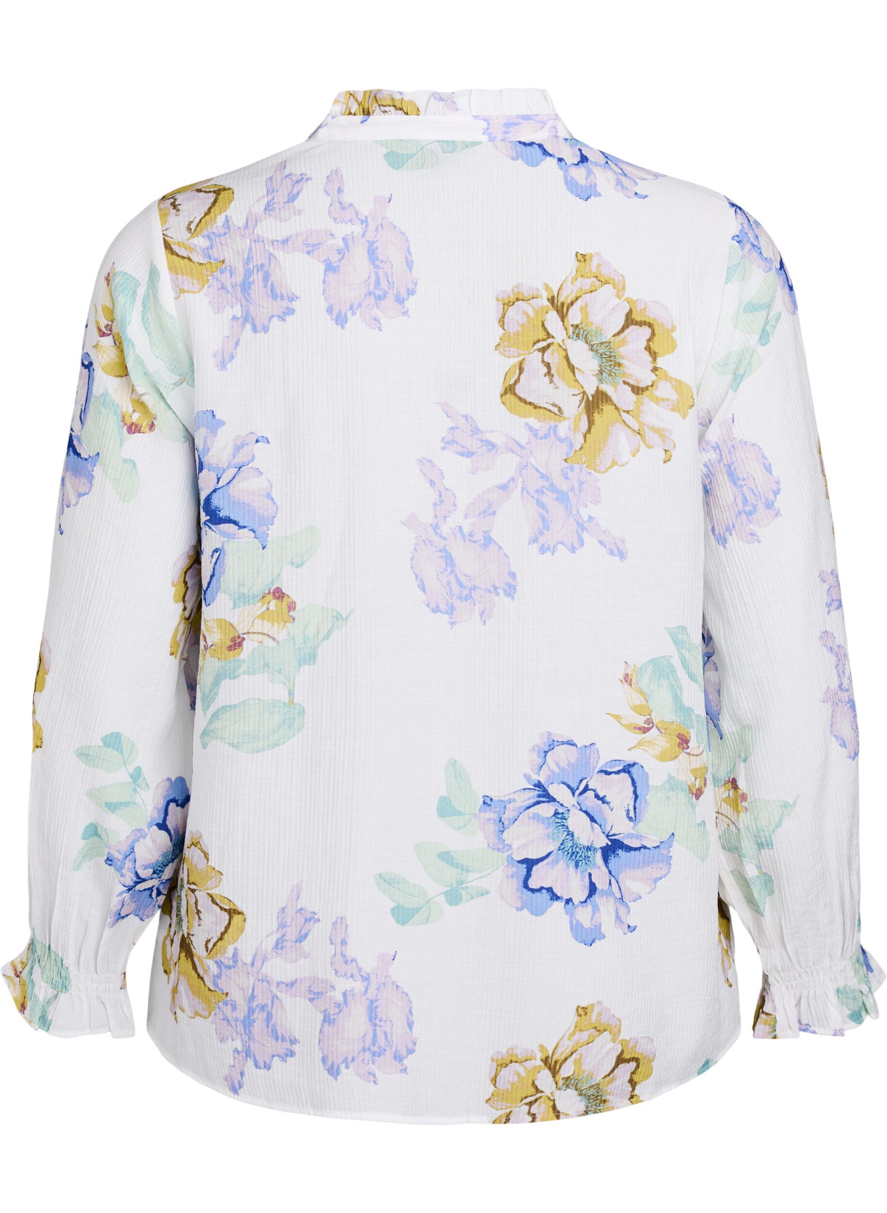 Zizzi Plisseret bluse med lange &aelig;rmer og blomsterprint, Hvid, Packshot image number 1