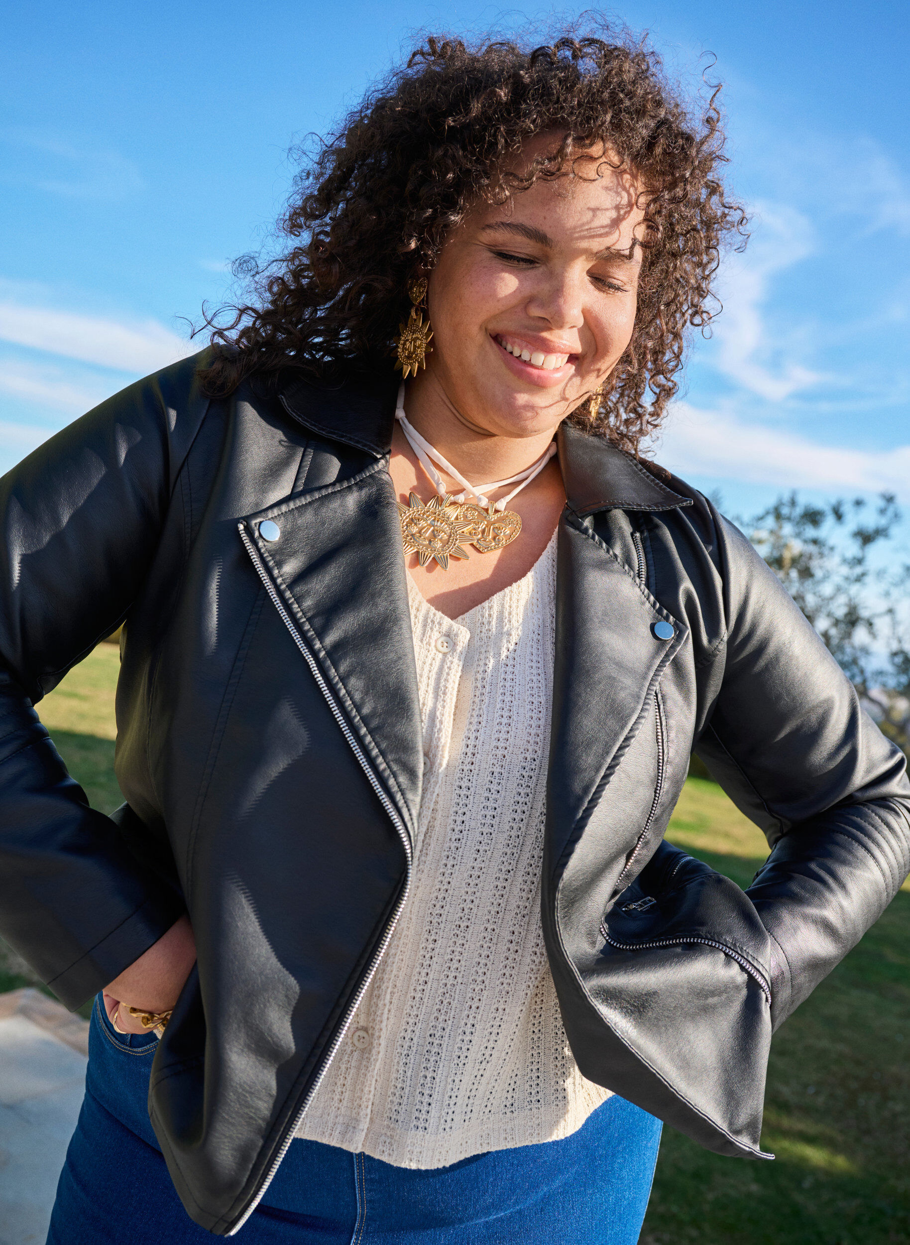 Zizzi Bikerjakke i imiteret l&aelig;der , Sort, Image image number 0