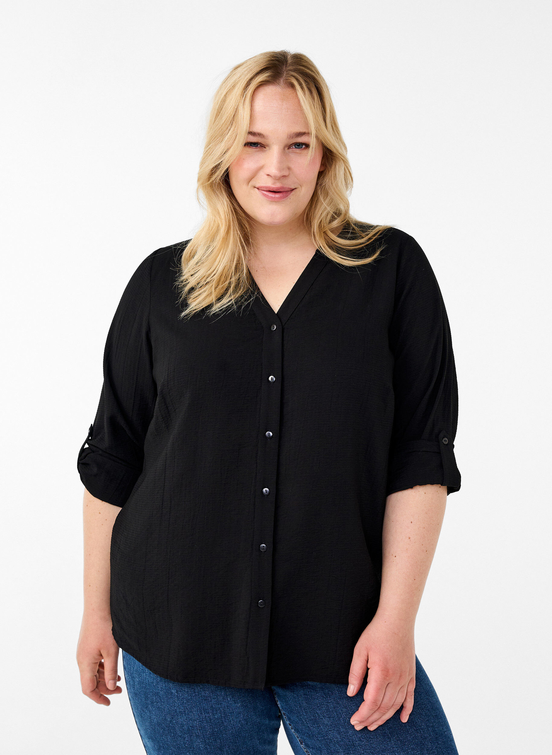 Zizzi Viskose skjortebluse med 3/4 &aelig;rmer, Black, Model image number 0