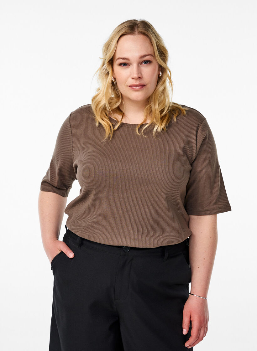 Ribbet jerseybluse med korte &aelig;rmer, Brun, Model image number 0