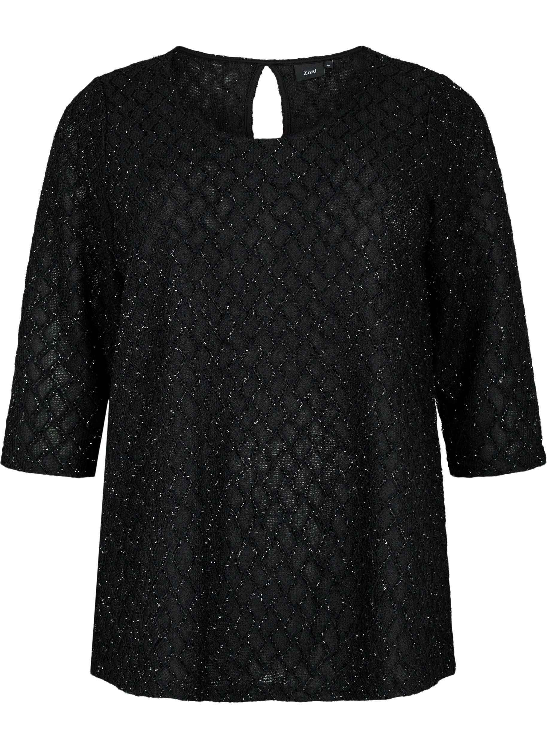 Zizzi M&oslash;nstret bluse med 3/4 &aelig;rmer og glitter, Black, Packshot image number 0