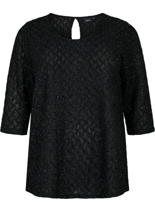Mønstret bluse med 3/4 ærmer og glitter, Black, Packshot image number 0
