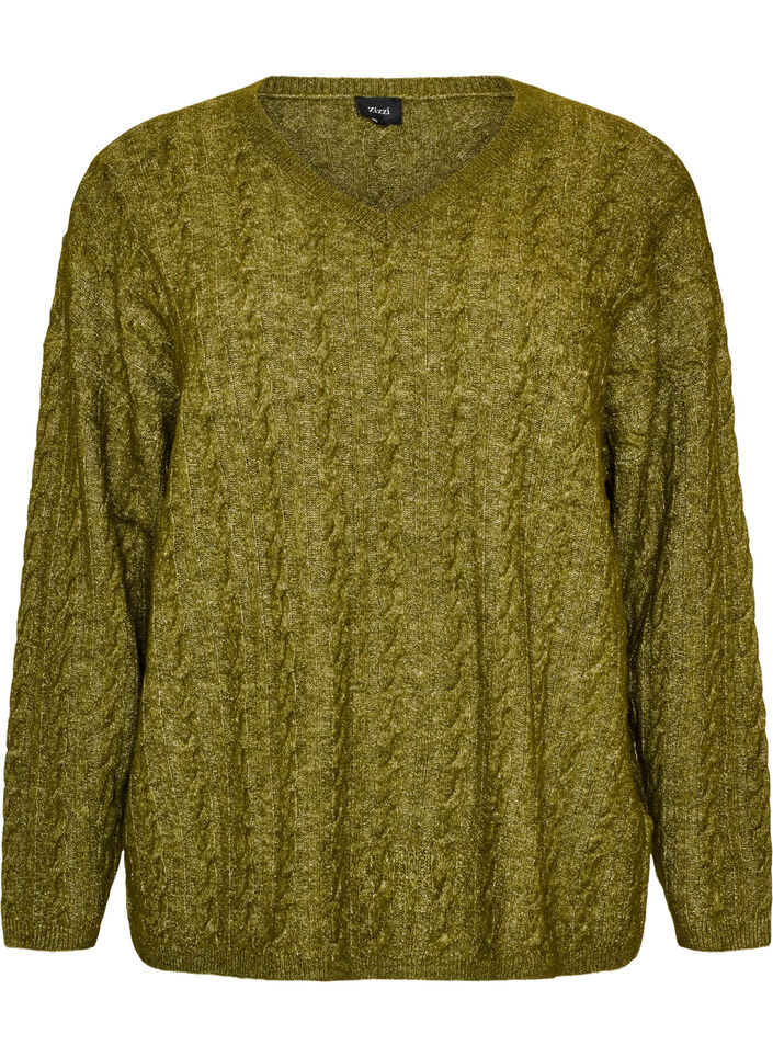 Strikbluse med kabelstrik og V-udsk&aelig;ring, Gr&oslash;n, Packshot image number 0