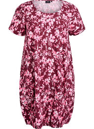 Kort&aelig;rmet bomuldskjole med print, M&oslash;rk Bordeaux
