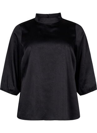 Bluse med 3/4 ærmer og kinakrave, Black, Packshot image number 0