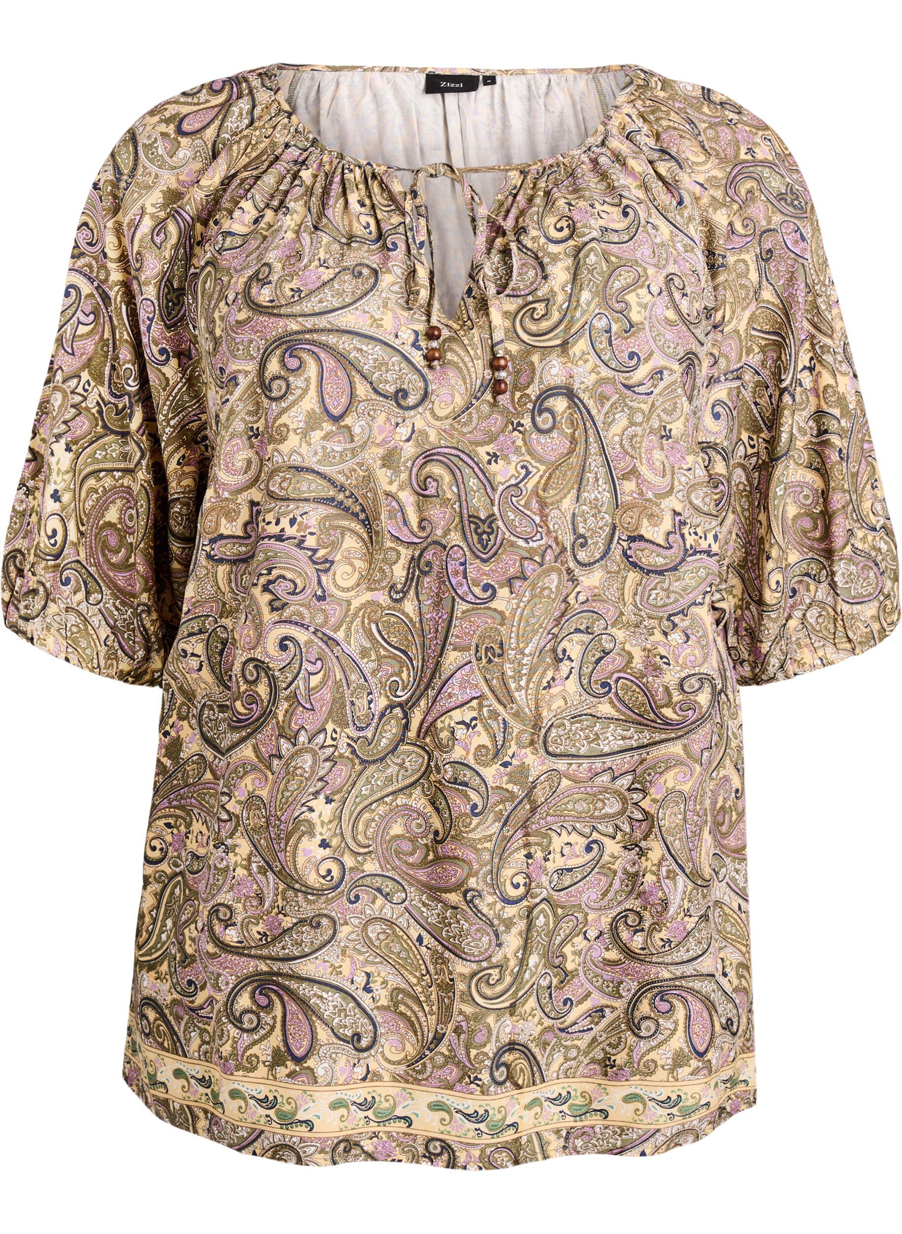 ZizziBluse i viskose med paisleyprint og bindesnor, Gul, Packshot image number 0