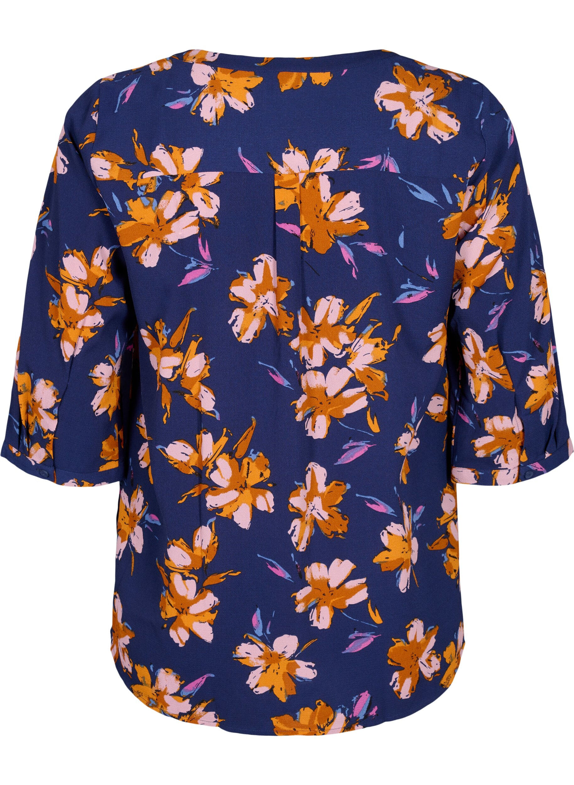 Zizzi Blomstret bluse med 3/4 &aelig;rmer, Peacoat Flower AOP, Packshot image number 1