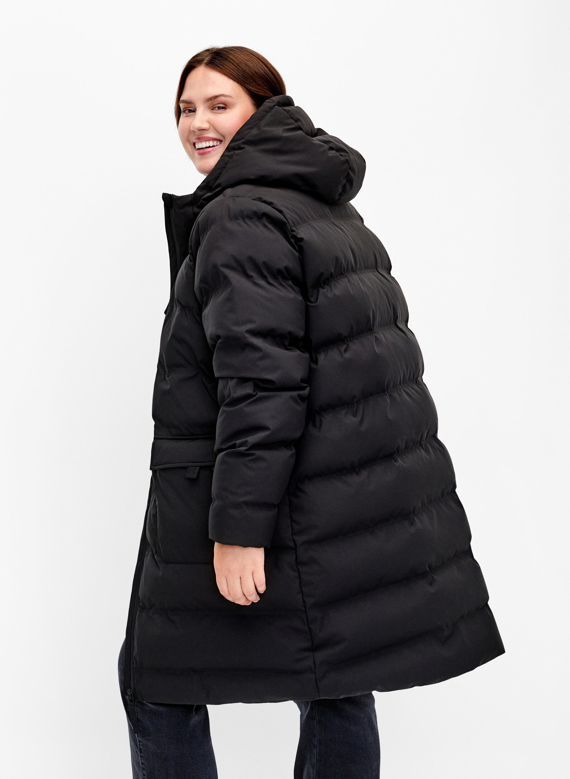 ZizziPufferfrakke med h&aelig;tte og lommer, Sort, Model image number 2