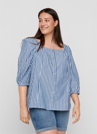 Stribet bomulds bluse med 3/4 ærmer, Bijou Blue Stripe, Model image number 0