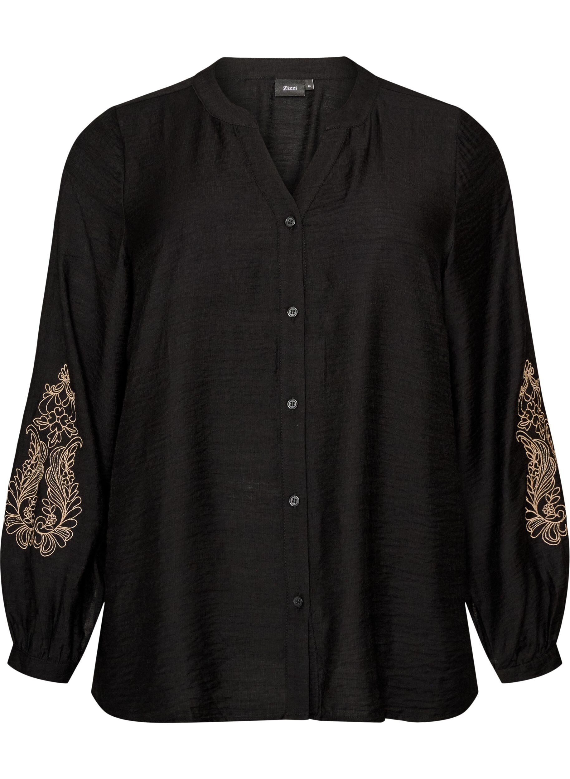ZizziSkjorte i viskose med broderi p&aring; &aelig;rmer, Sort, Packshot image number 0