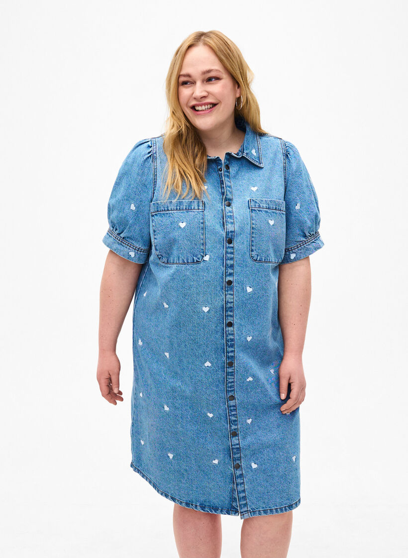 Denim kjole med broderede hjerter, Light blue denim, Model image number 0