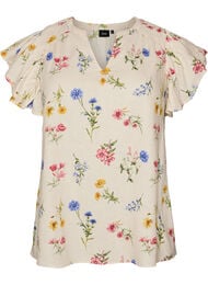 Bluse i h&oslash;r og viskose med fl&aelig;se&aelig;rmer, Beige