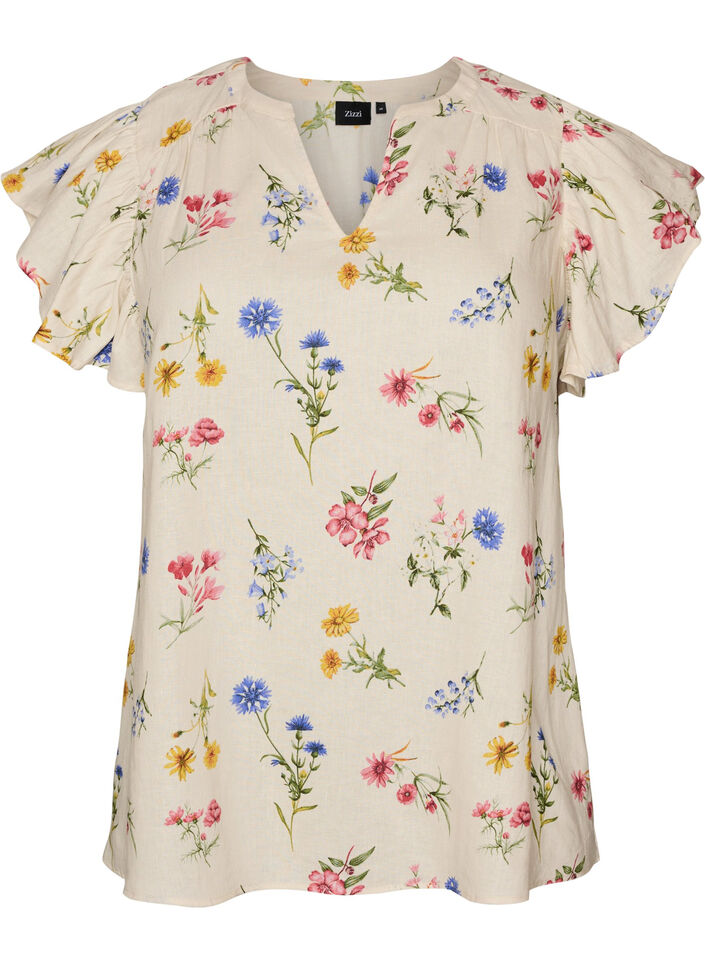 Bluse i h&oslash;r og viskose med fl&aelig;se&aelig;rmer, Beige, Packshot image number 0
