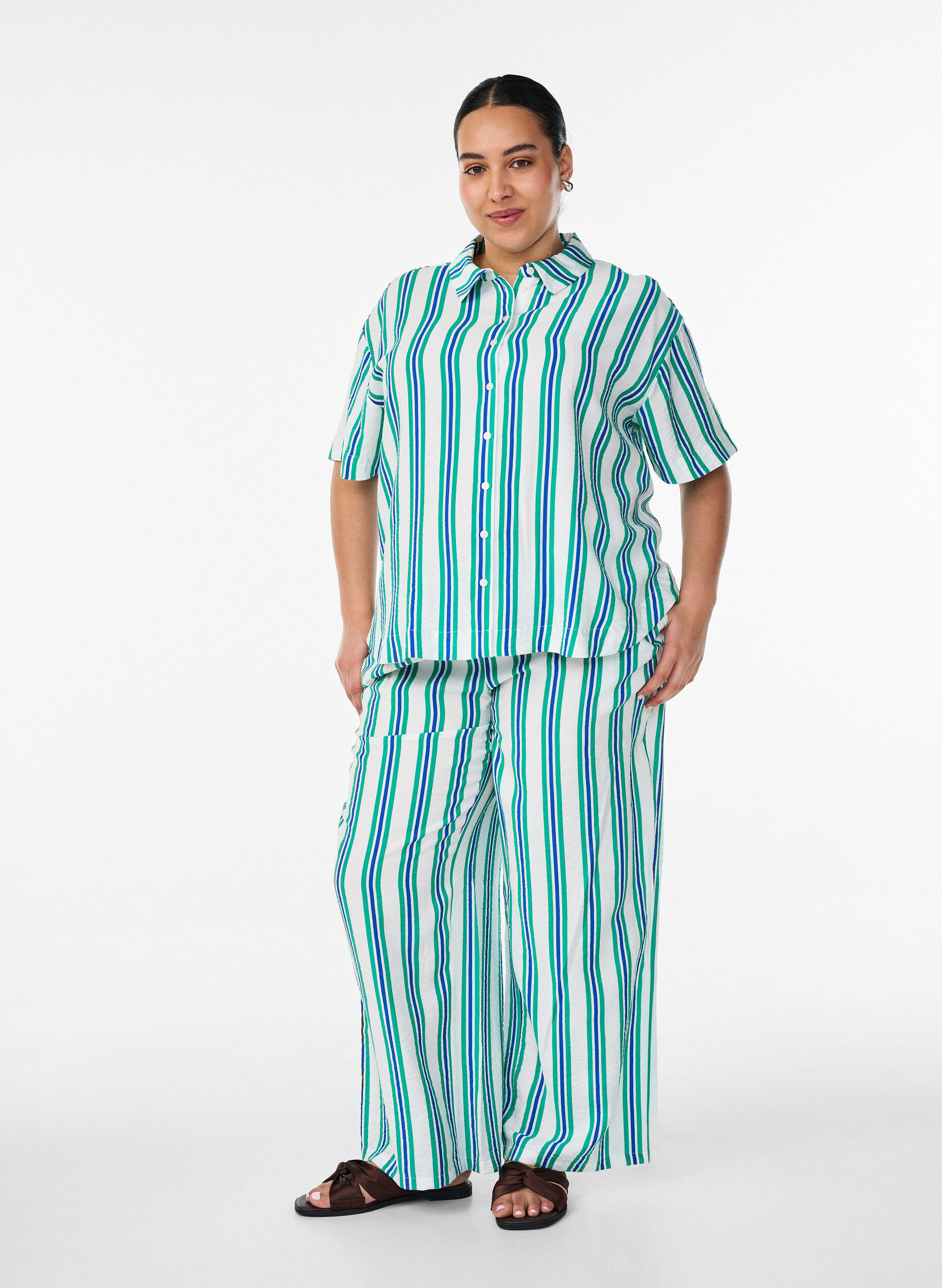 ZizziStribede bukser med h&oslash;j talje og brede ben, Vanilla, Model image number 1