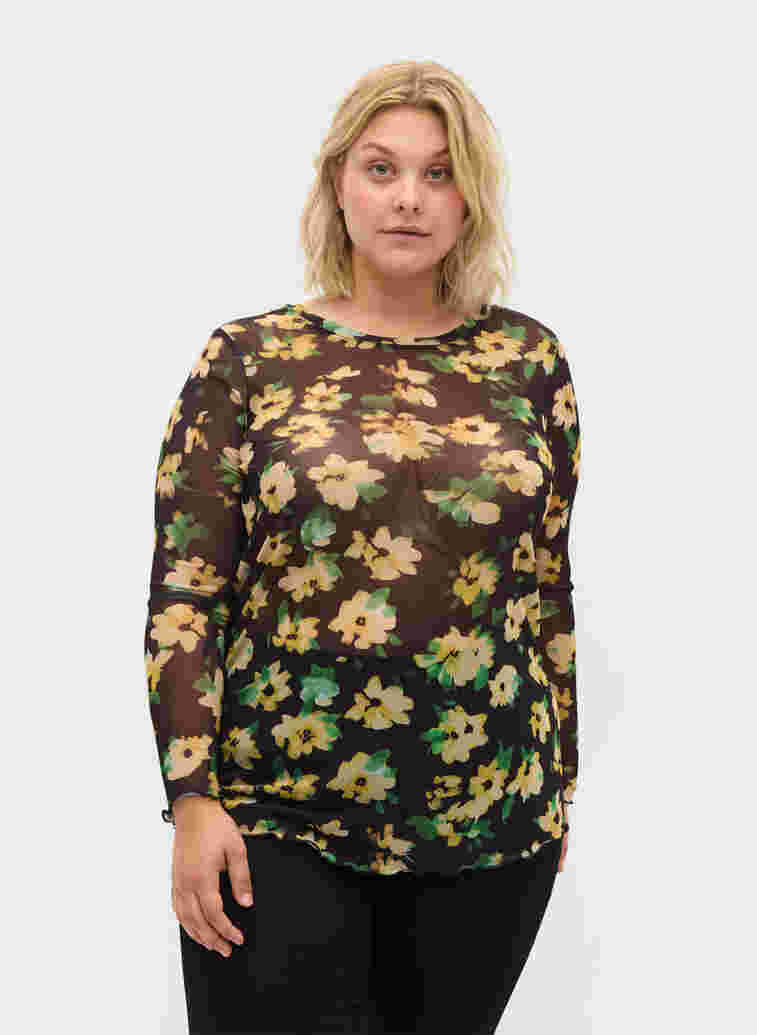 Tætsiddende mesh bluse med blomstermønster, Yellow Green AOP, Model image number 0
