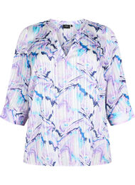 Bluse med print og 3/4 ærmer, Blue Lilac AOP, Packshot