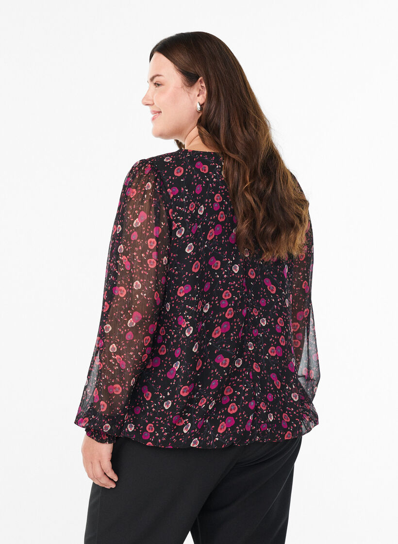 Blomstret chiffonbluse med transparente &aelig;rmer, Sort, Model image number 2