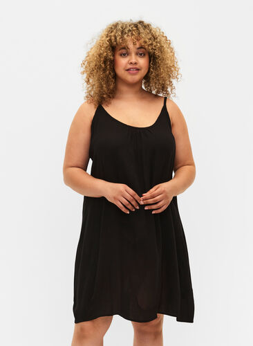 Ensfarvet strop kjole i viskose, Black, Model image number 0