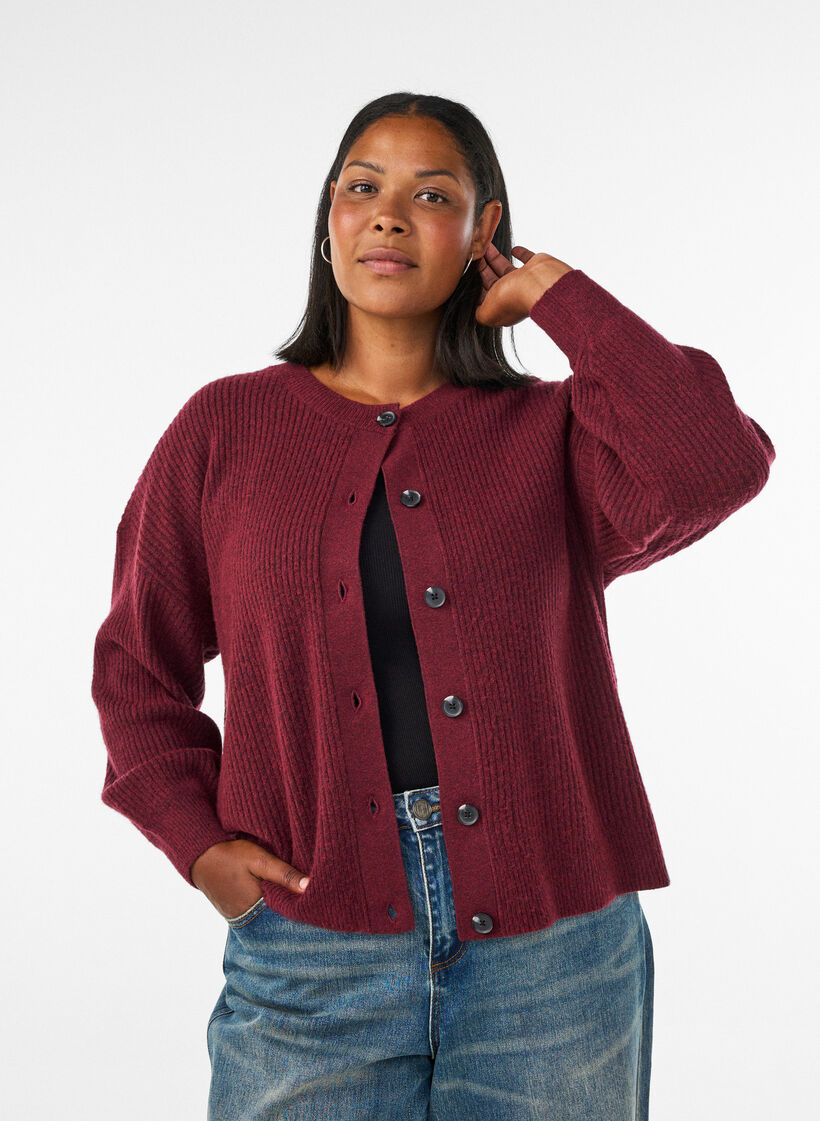 Ribstrikket cardigan med knapper, R&oslash;d, Model image number 0