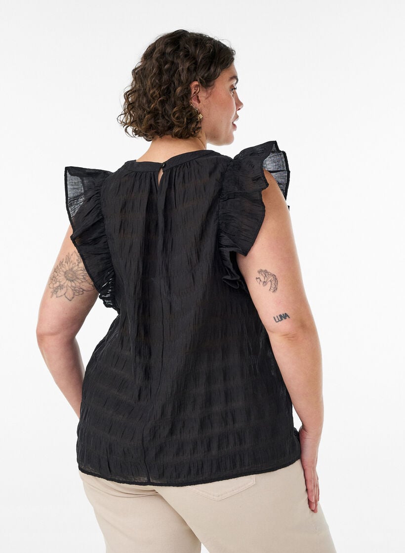 &AElig;rmel&oslash;s bluse med struktur og fl&aelig;ser, Sort, Model image number 2