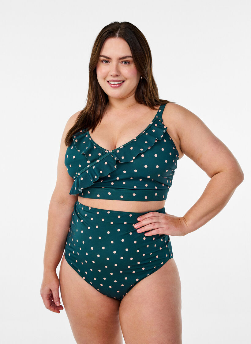 Bikini bh med prikker og fl&aelig;sedetaljer, Gr&oslash;n, Model image number 1