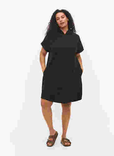 Kortærmet sweatkjole med hætte, Black, Model image number 2