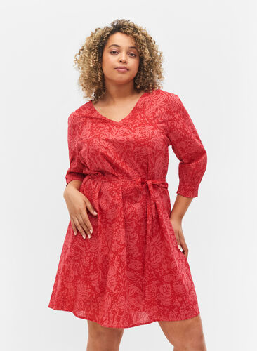 Printet kjole med bindebånd, Ribbon Red AOP, Model image number 0