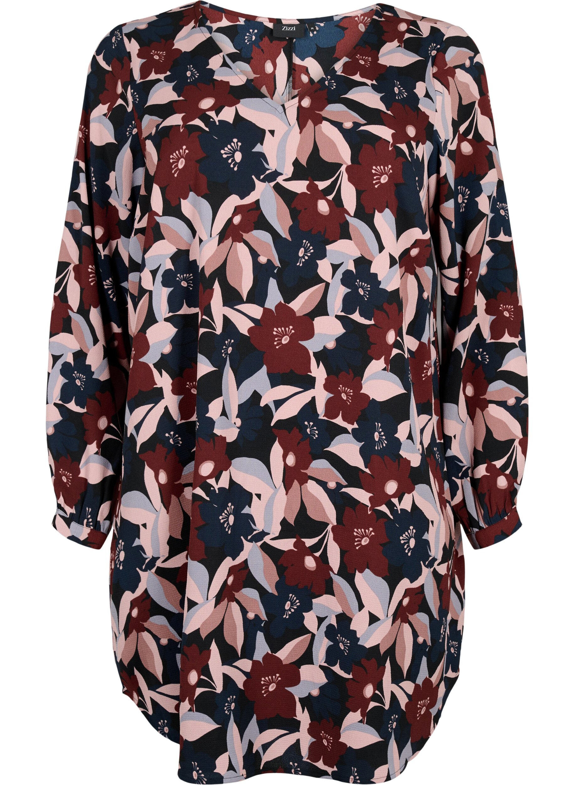 Zizzi V-hals kjole med print, Black R. Flower AOP, Packshot image number 0