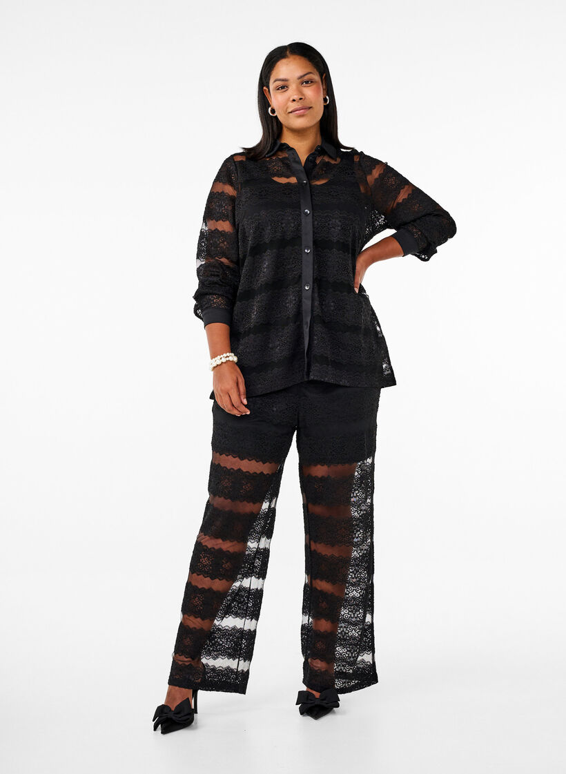 Løs skjorte med blonder og gennemsigtigt mesh, Black, Model image number 2