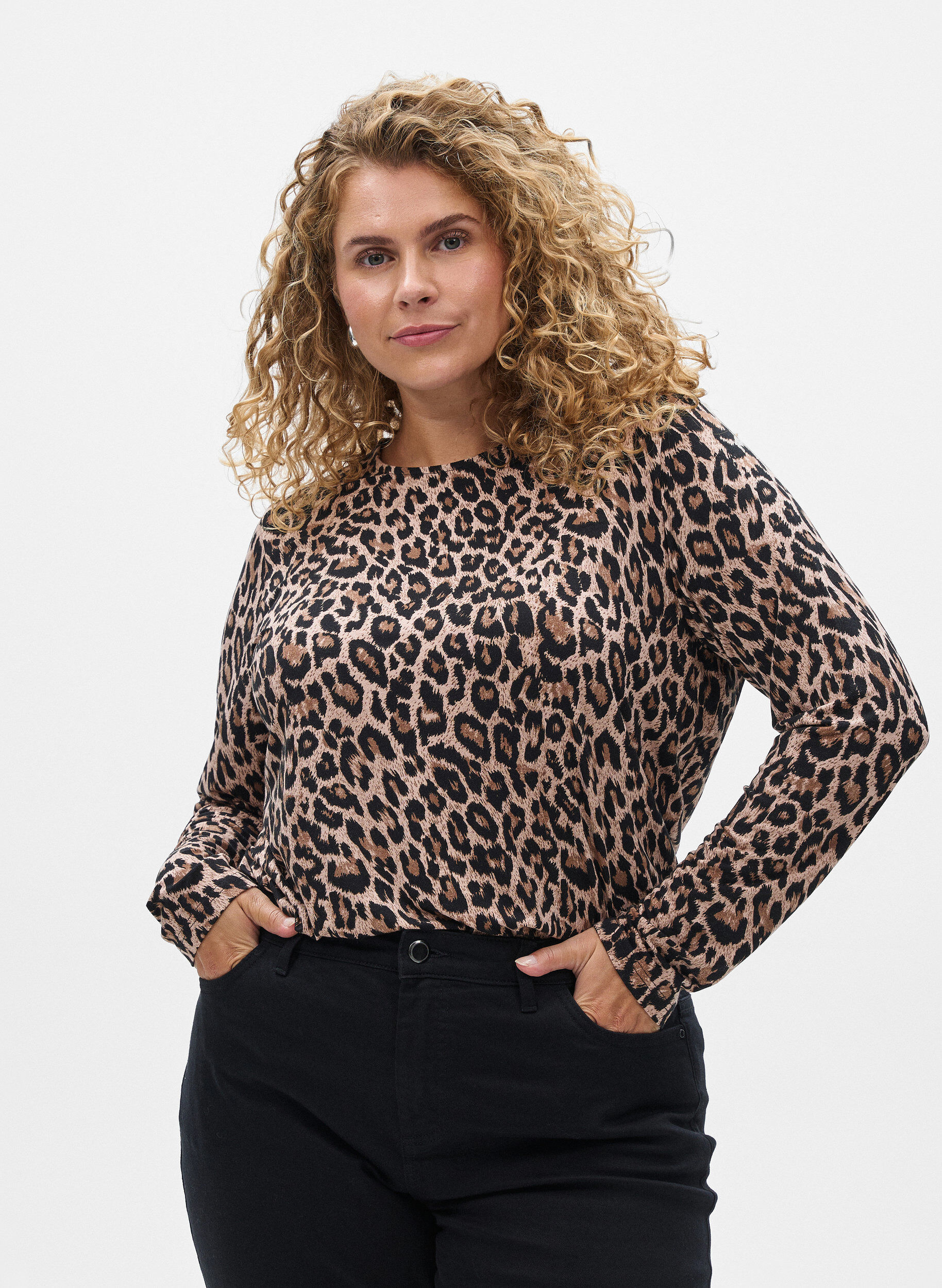 ZizziLang&aelig;rmet bluse med leopardprint, Brun, Model image number 0