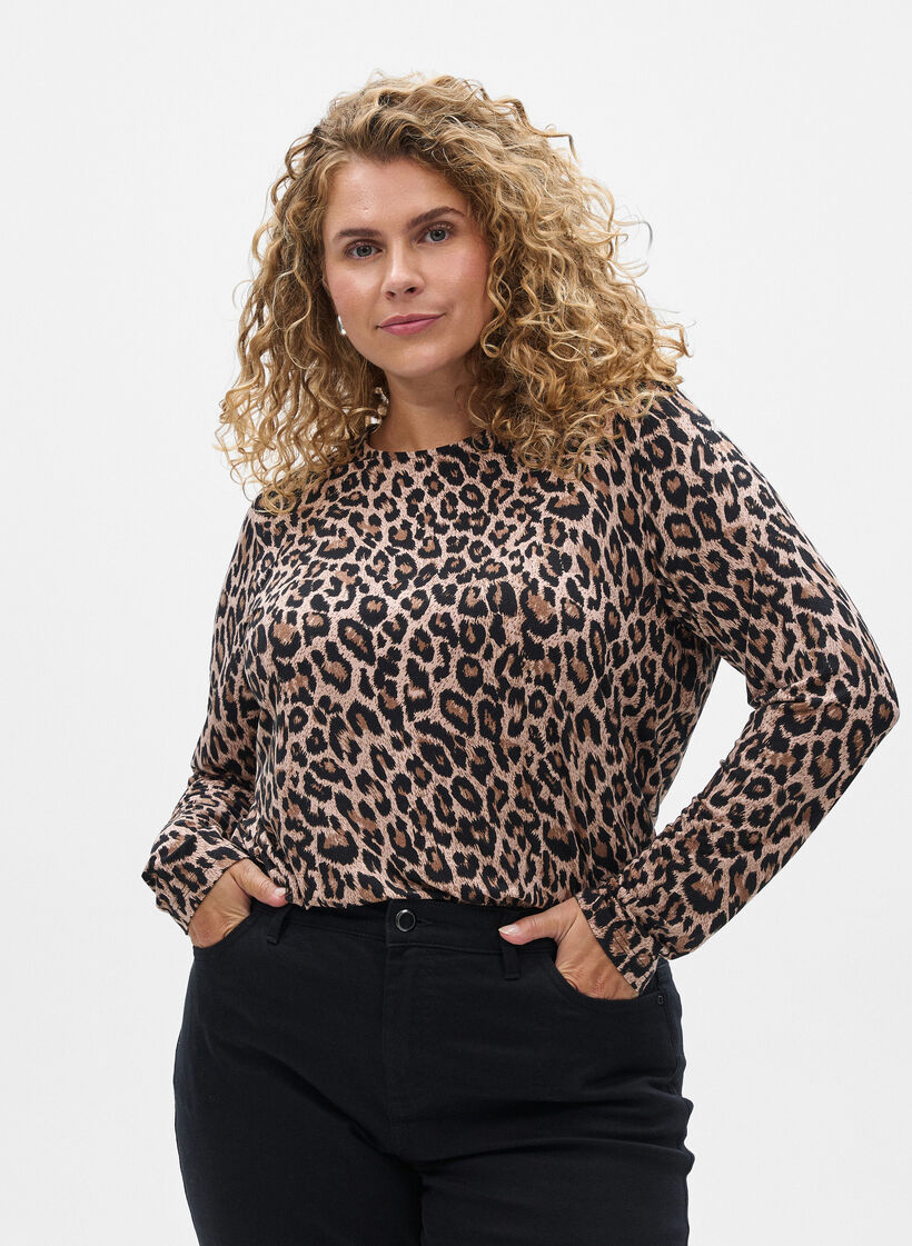 Lang&aelig;rmet bluse med leopardprint, Brun, Model image number 0