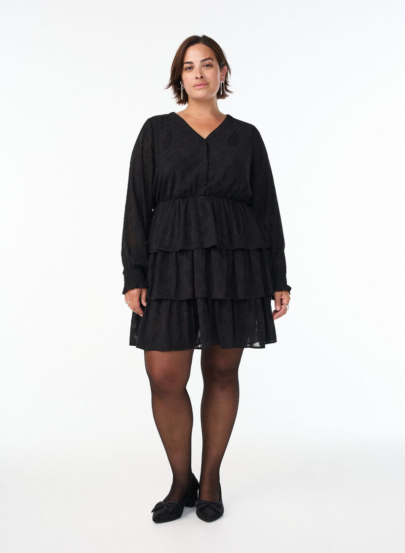 Kort kjole med fl&aelig;ser og strukturm&oslash;nster, Sort, Model image number 1