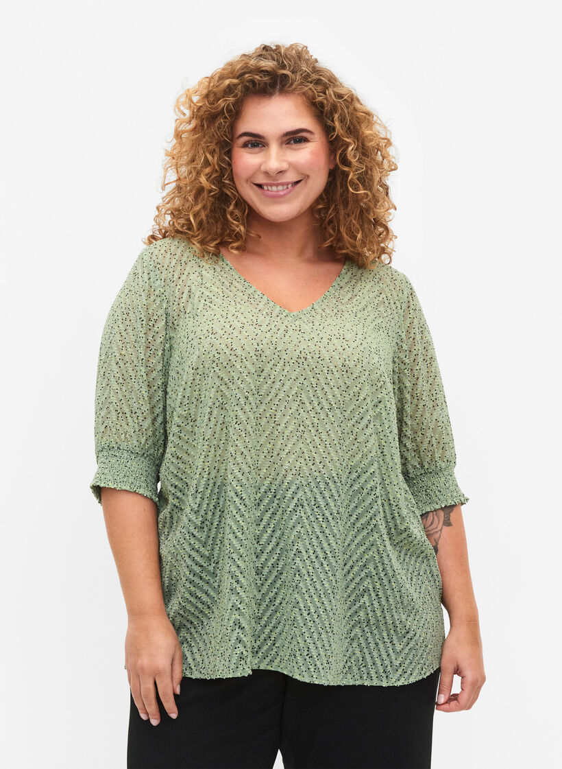 Prikket bluse med 1/2 &aelig;rmer, Seagrass Dot, Model image number 0