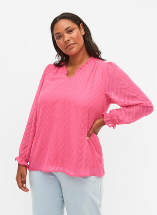 Bluse med lange ærmer og flæsedetaljer, Shocking Pink, Model image number 0