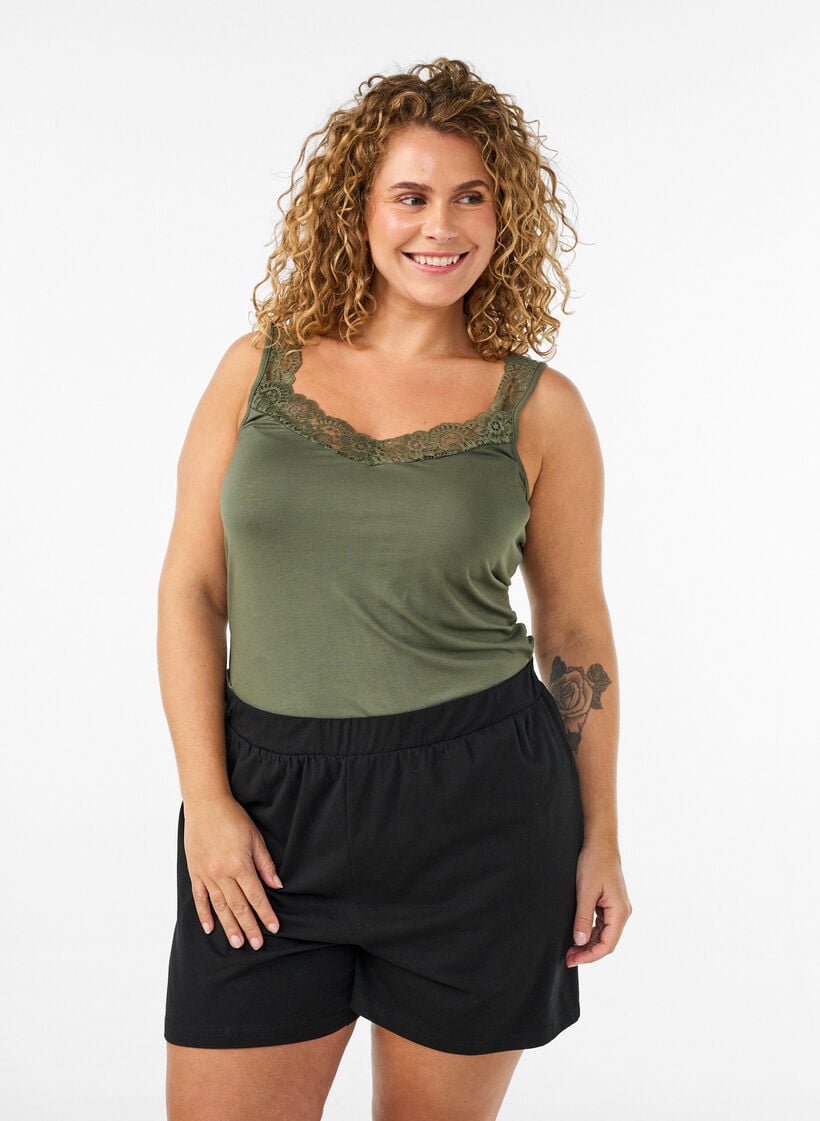 Viskose top med blondekant, Gr&oslash;n, Model image number 0