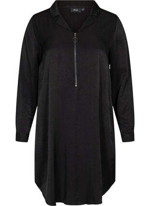 Langærmet kjole med krave og lynlås, Black, Packshot image number 0