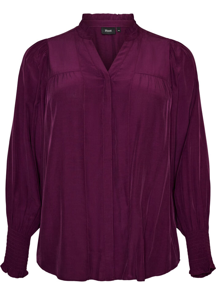 Skjortebluse med fl&aelig;sekrave og rynkedetaljer, Lilla, Packshot image number 0