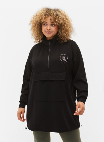 Lang sweatshirt med lomme og lynlås, Black, Model image number 0