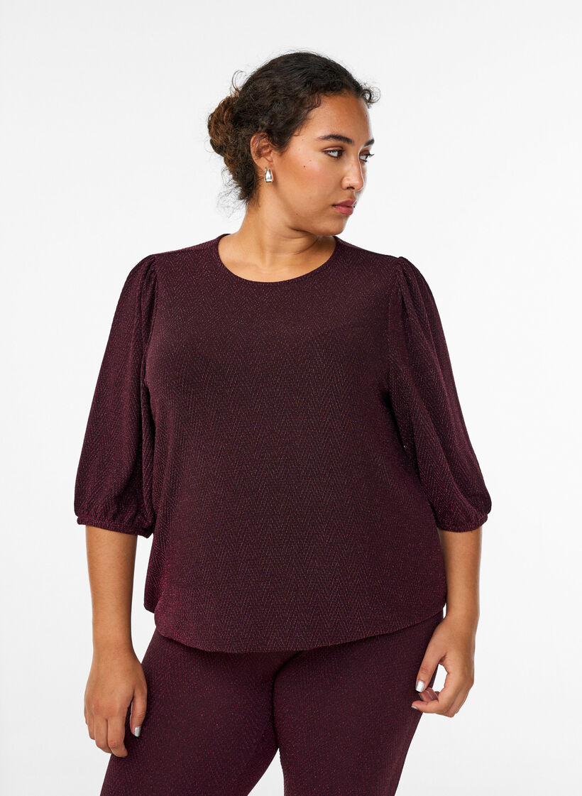 Bluse med glittermønster og 3/4 ærmer, Mørk Bordeaux, Model image number 0