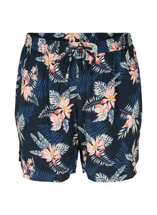Viskose shorts med print og lommer, Blue Flower Leaf AOP, Packshot image number 0