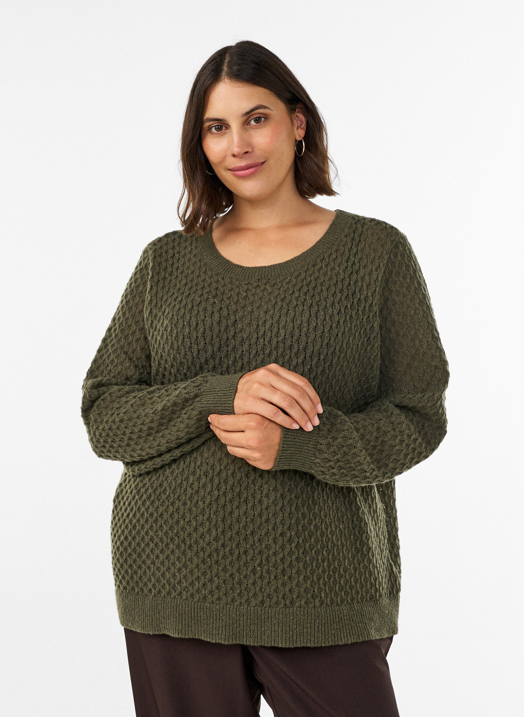 Strikbluse med struktureret hulm&oslash;nster, Gr&oslash;n, Model