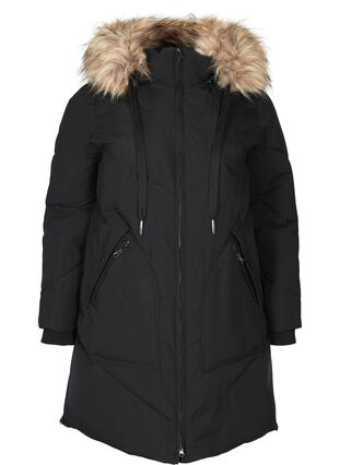Vinterjakke med hætte og imiteret pelskant, Black, Packshot image number 0