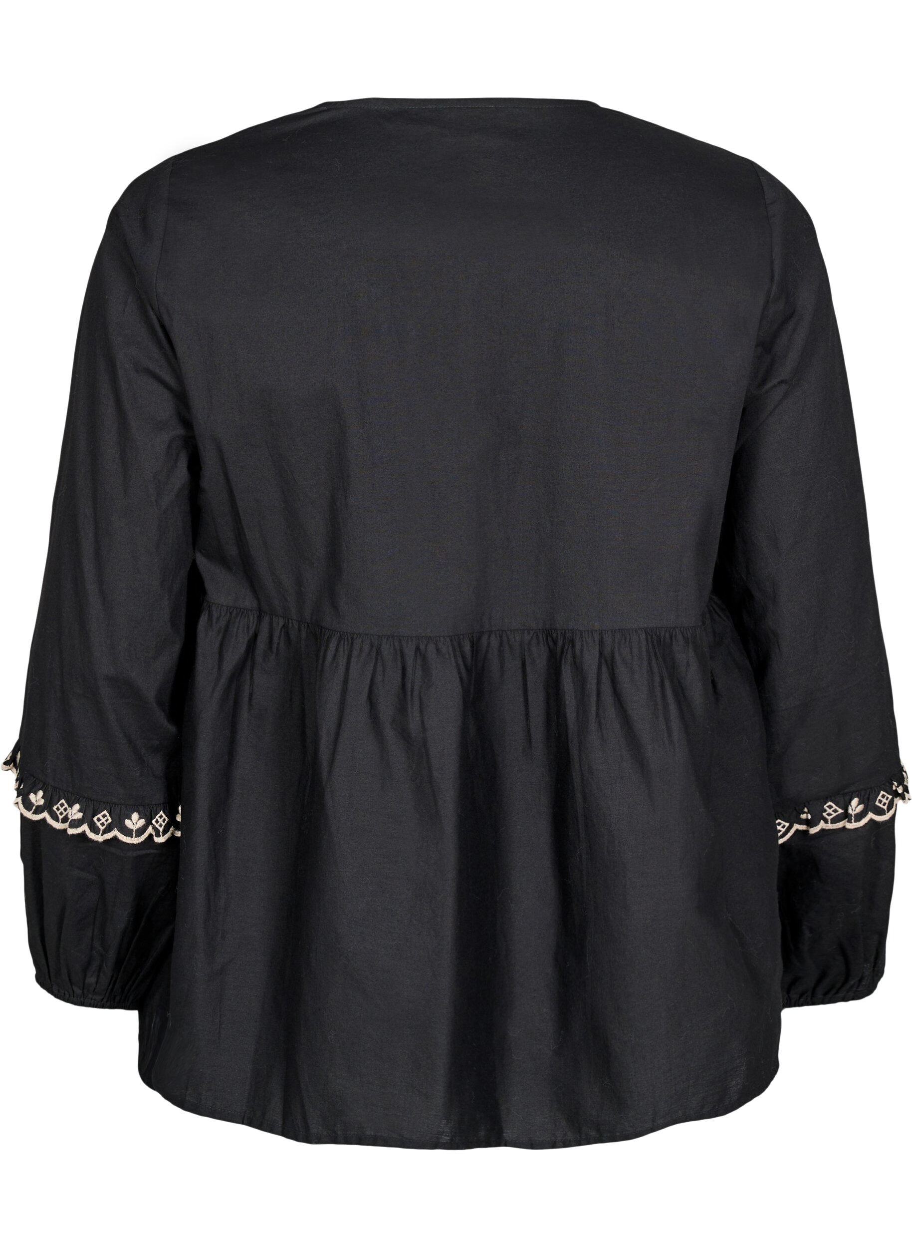 Zizzi Bluse med &aring;ben front og broderidetaljer, Sort, Packshot image number 1