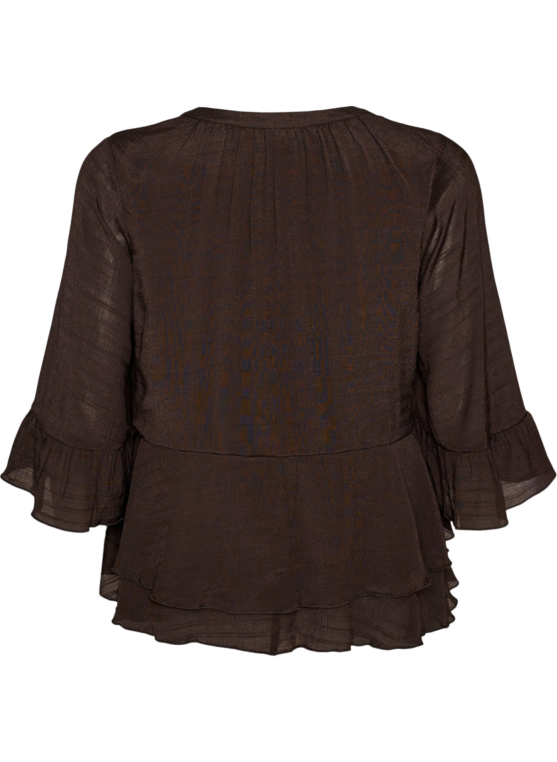 ZizziBluse med 3/4-&aelig;rmer og fl&aelig;sedetaljer, Brun, Packshot image number 1