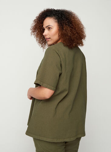 Kortærmet bluse i bomuld, Ivy Green, Model image number 1