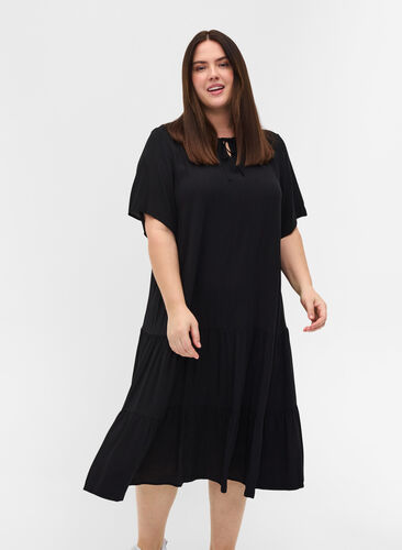 Kortærmet viskose kjole , Black, Model image number 0