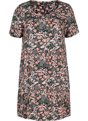 Kortærmet viskose kjole med print, Black/Coral Flower, Packshot image number 0