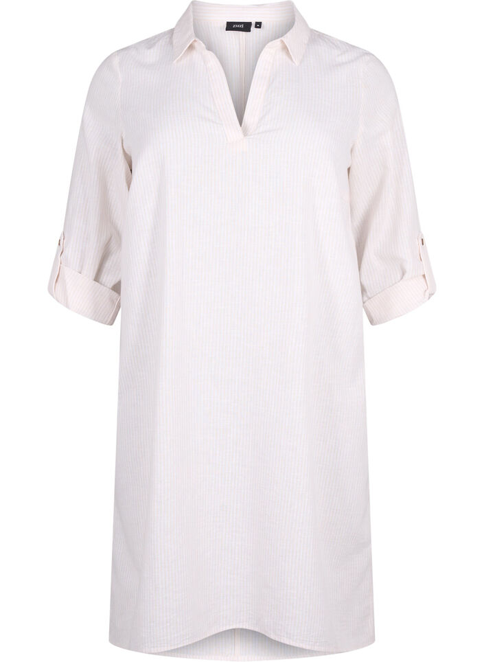 Stribet kjole i bomuld og hør, Sandshell Wh. Stripe, Packshot image number 0