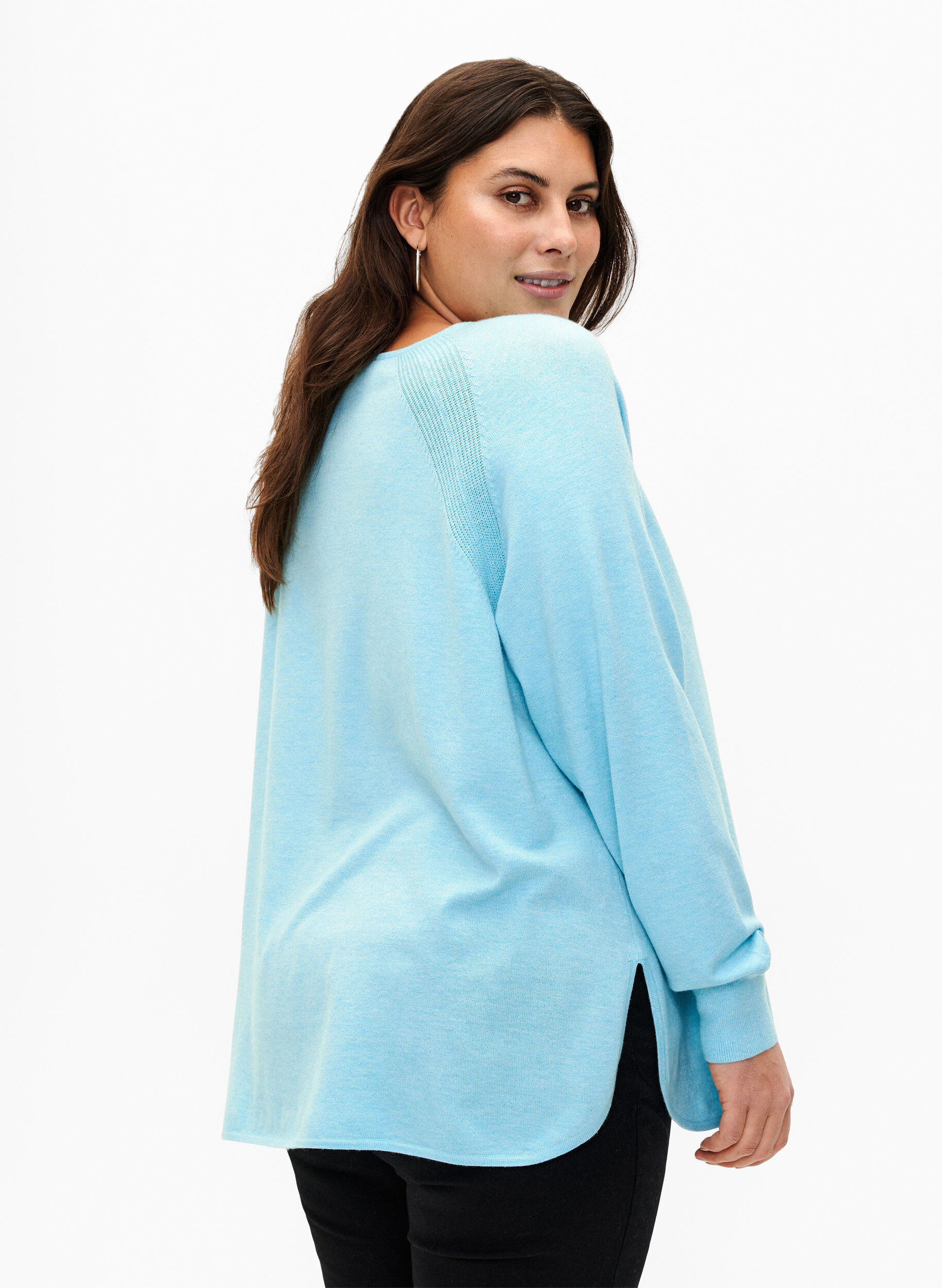 Zizzi Strikbluse med raglan&aelig;rmer, Blue Curacao Mel., Model image number 1